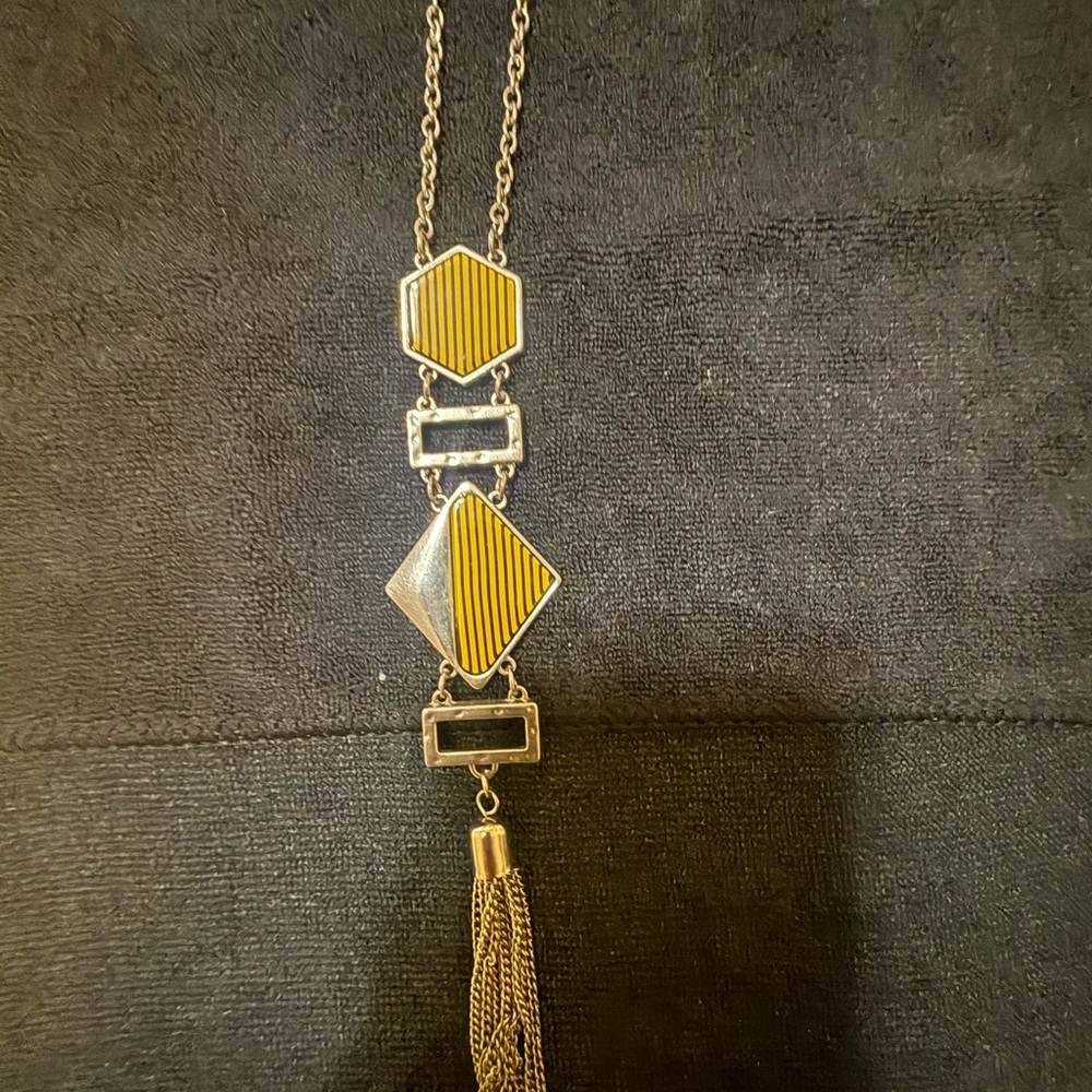 Geometric Mustard and Silver Tassel Pendant Necklace